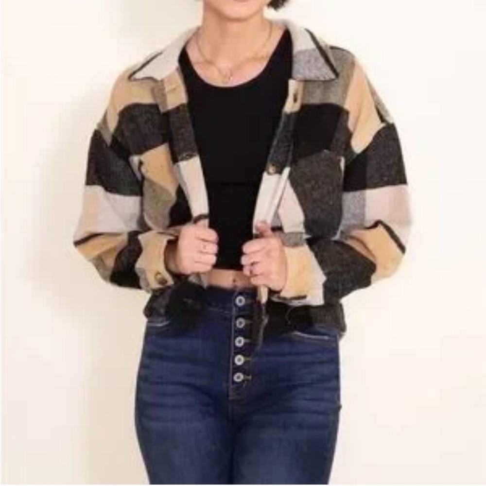 Ashley By 26 International Cropped Plaid tan Rider Jacket  size Medium